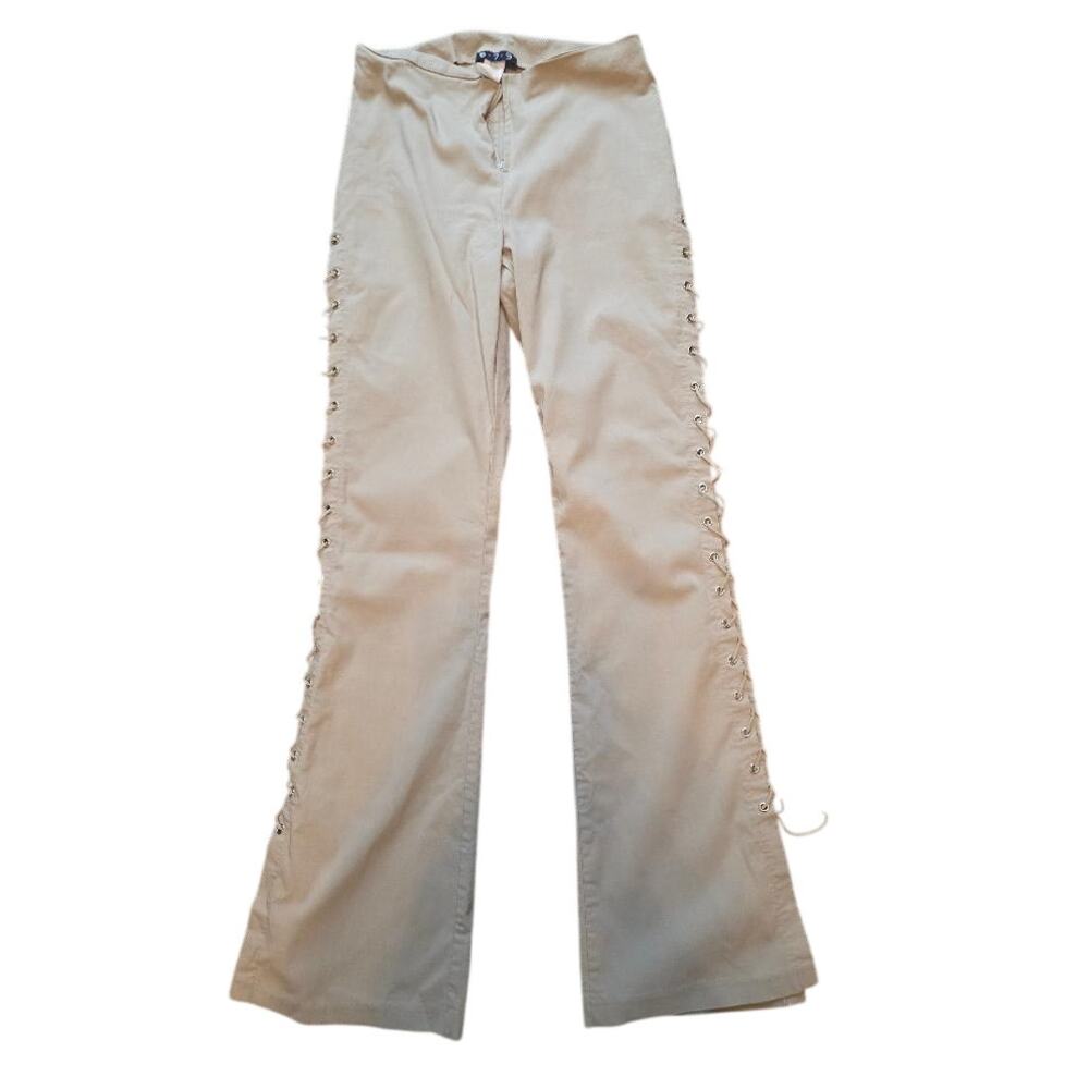 5 7 9 Lace Up Flare Pants Womens M Beige Y2K Mid Rise